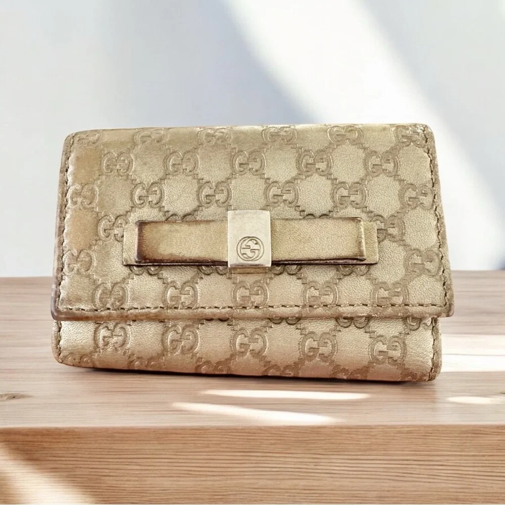 Authentic GUCCI Micro GG Bow Guccisima Champagne Gold Leather Card Key Holder
